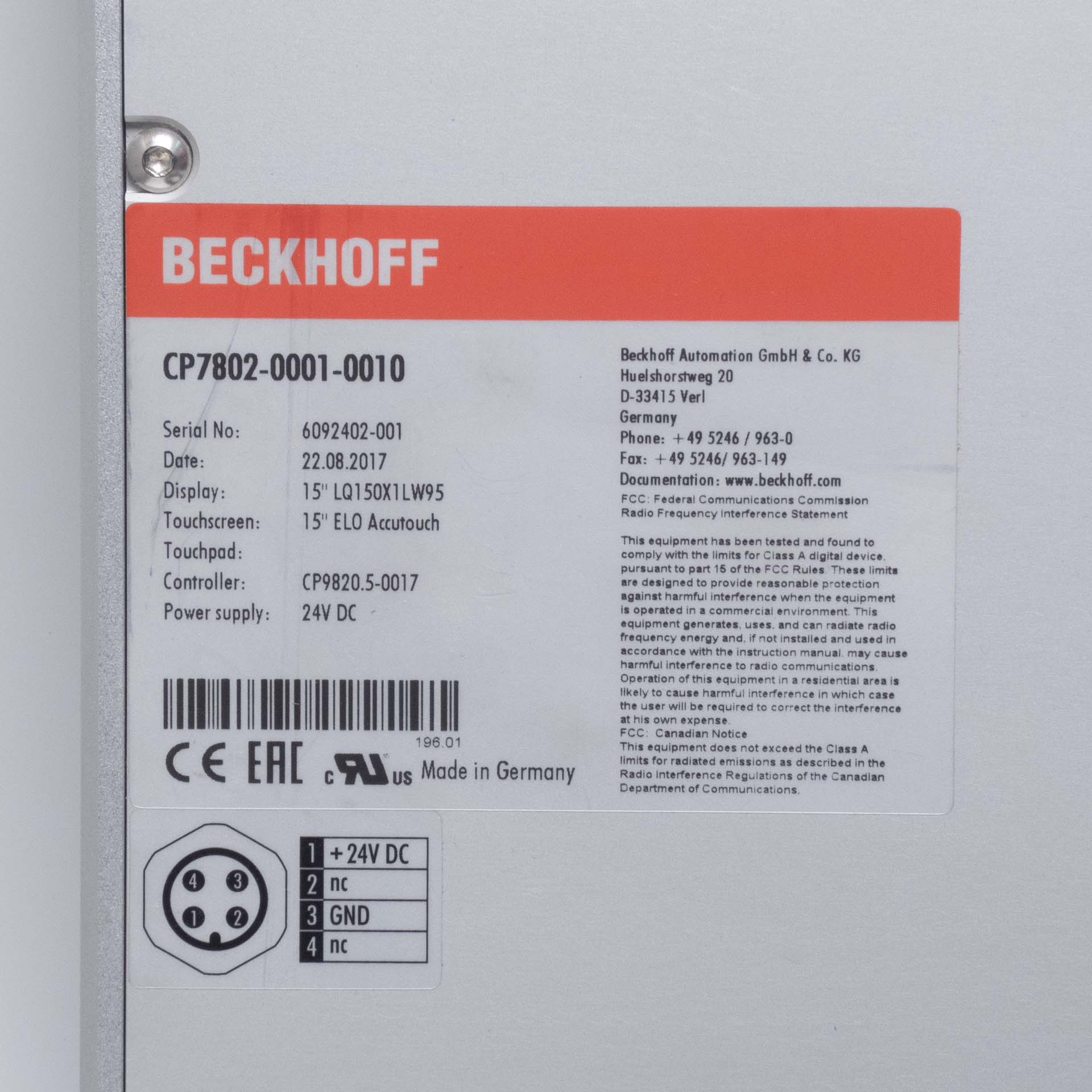Beckhoff CP7802-0001-0010 Control Panel HMI Display