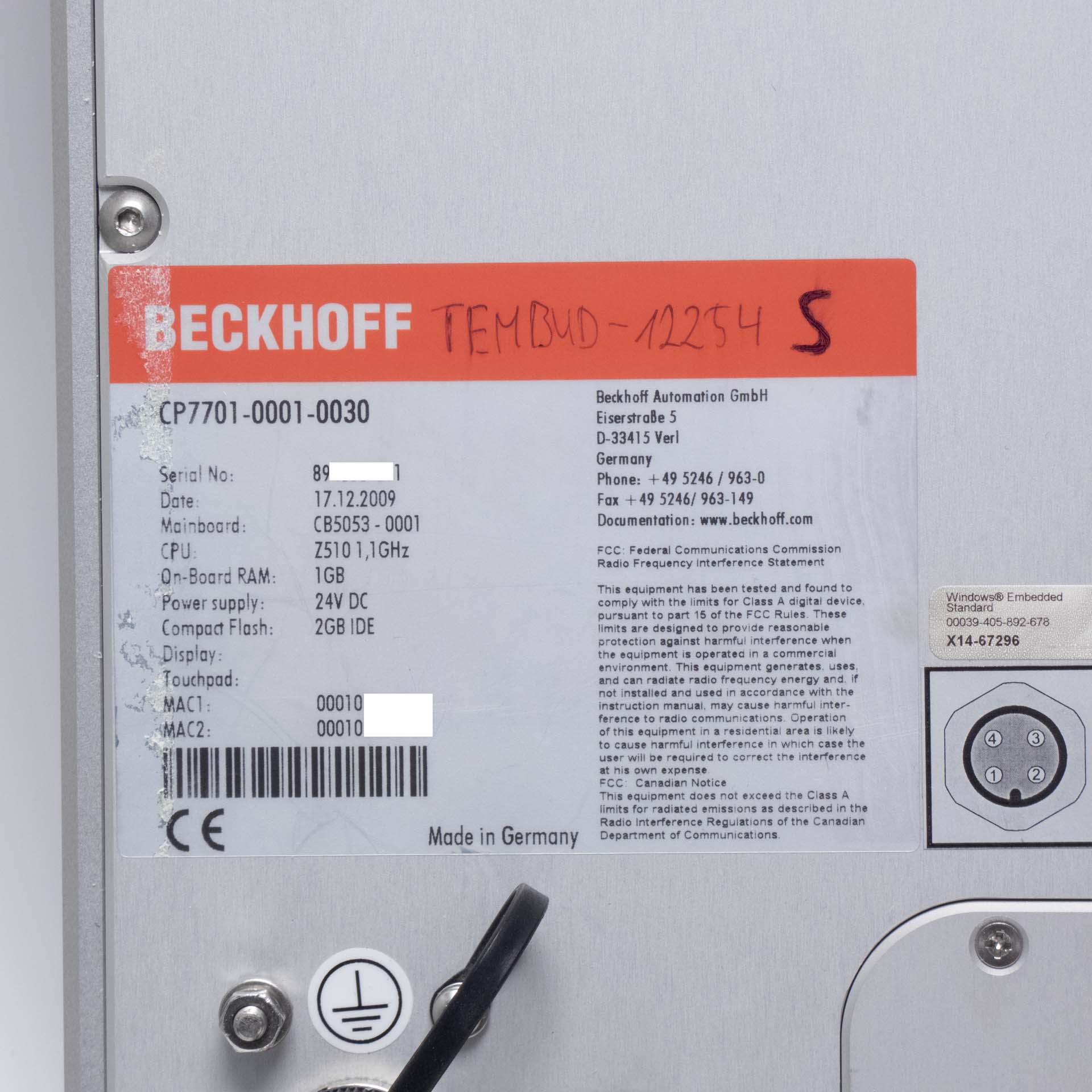 Beckhoff CP7701-0001-0030 Industrial Panel PC