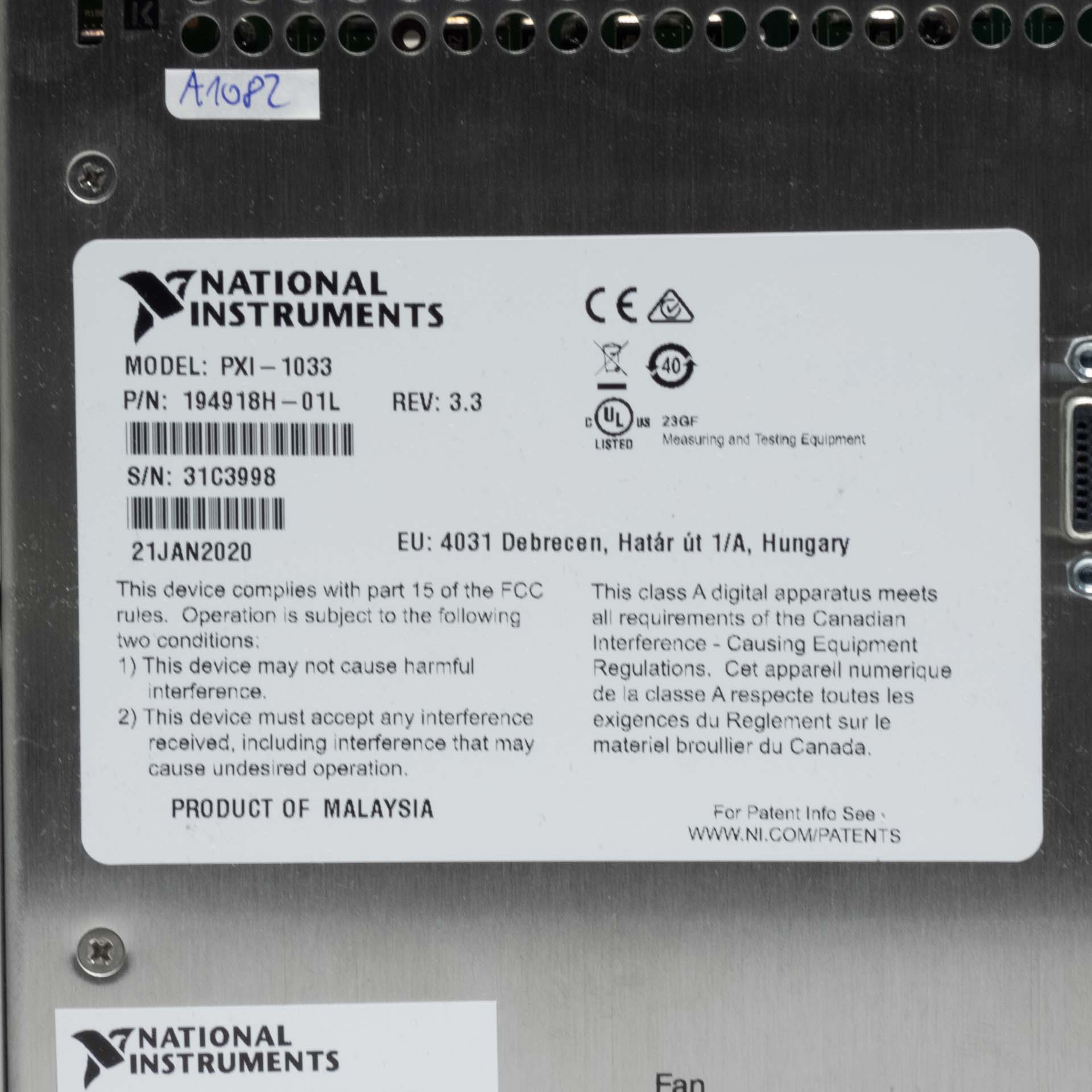 National Instruments PXI-1033 Rev 3.3 5-Slot PXI Chassis